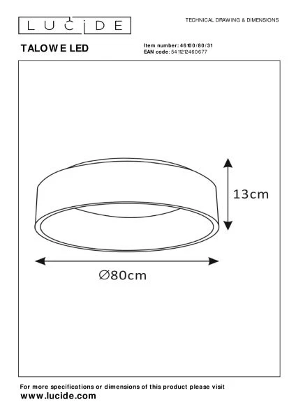 Lucide TALOWE LED - Deckenleuchte - Ø 80 cm - LED Dim. - 1x80W 3000K - Weiß - TECHNISCH